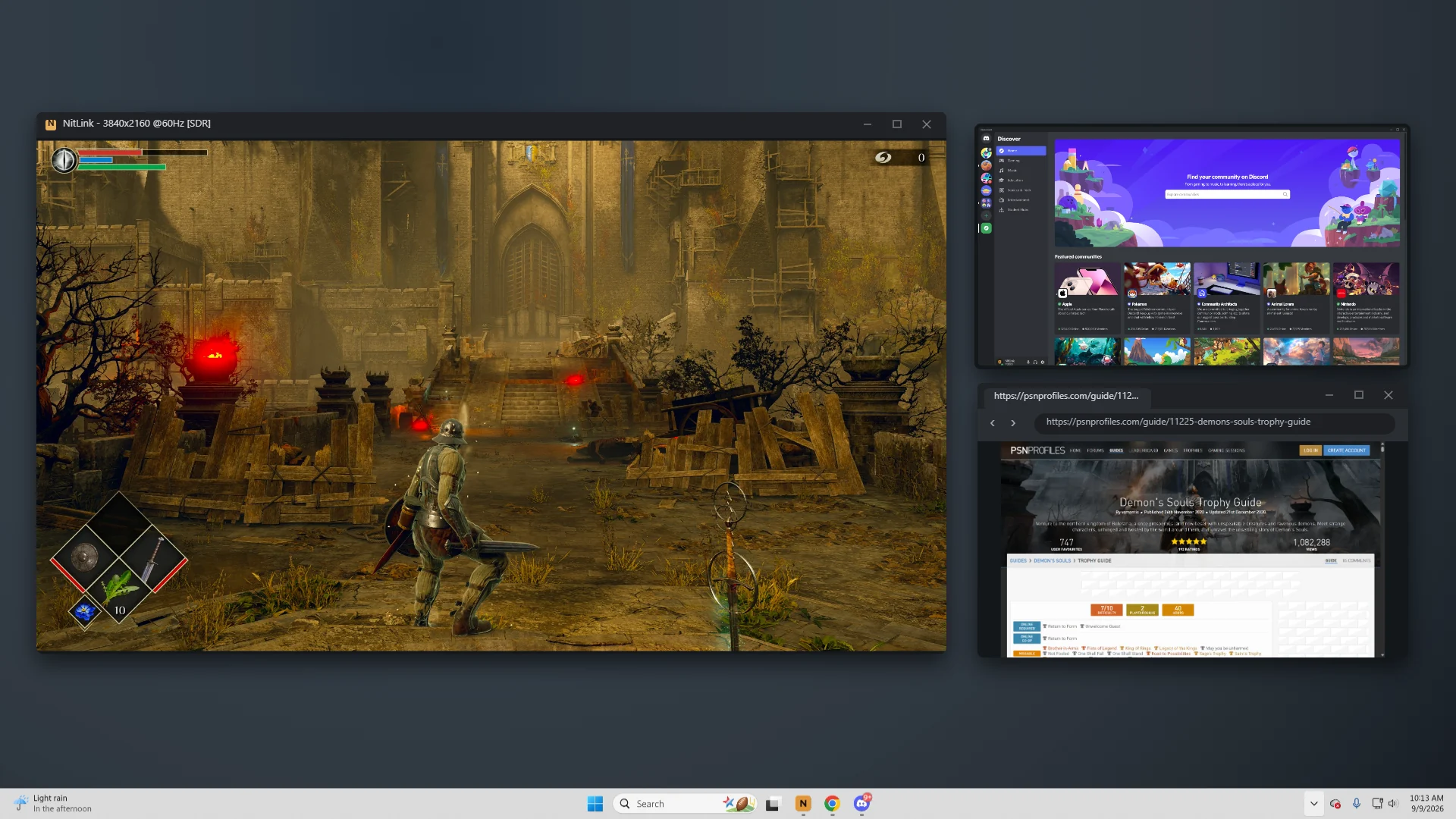 Demon's Souls running in NitLink beside Discord and a trophy guide on the Windows desktop