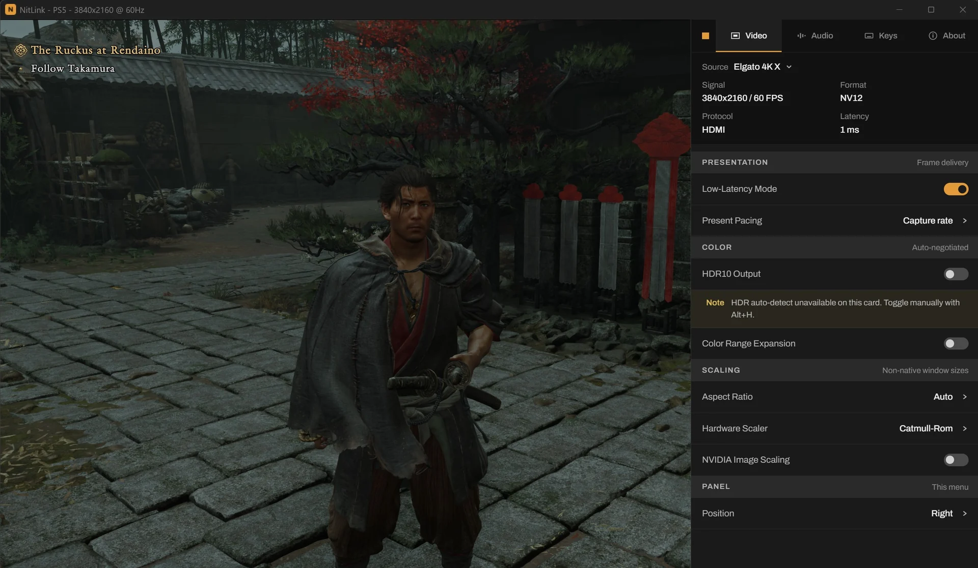 NitLink displaying a PS5 game with the F1 Video settings panel open on the right, including presentation, color, scaling, and panel position controls