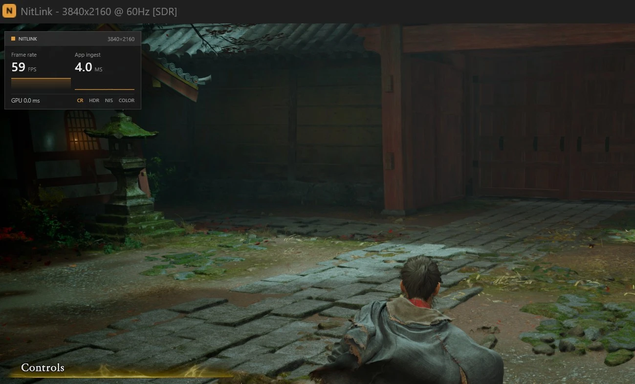 NitLink's performance HUD over gameplay, showing 59 FPS, 4.0 ms app ingest time, and GPU and pipeline status